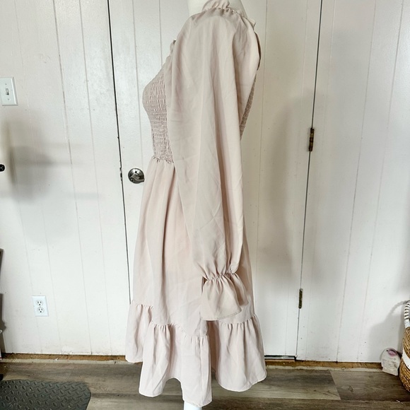 SHEIN Ruffle Long Puff Sleeve Beige Dress Off White Fall Neutral Boho Short - Picture 8 of 10